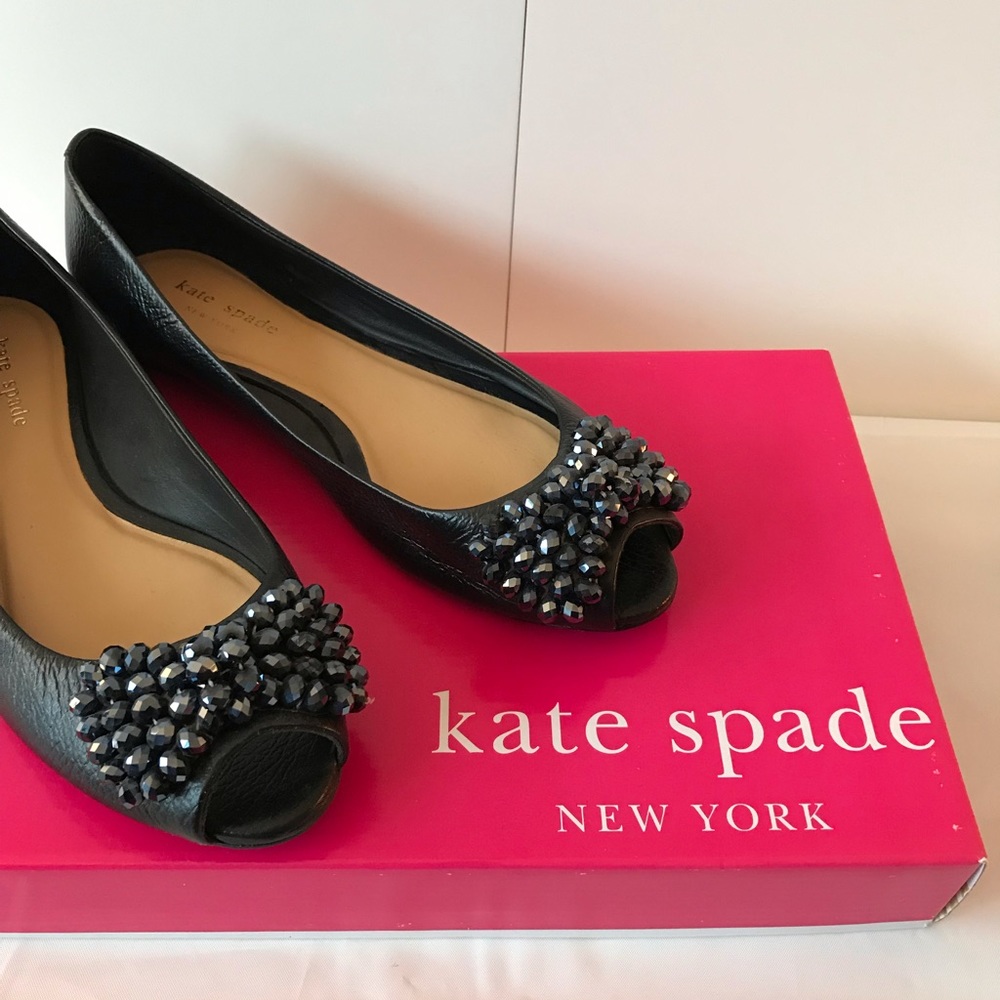 kate spade Black Beaded Bow Peep-Toe Flats